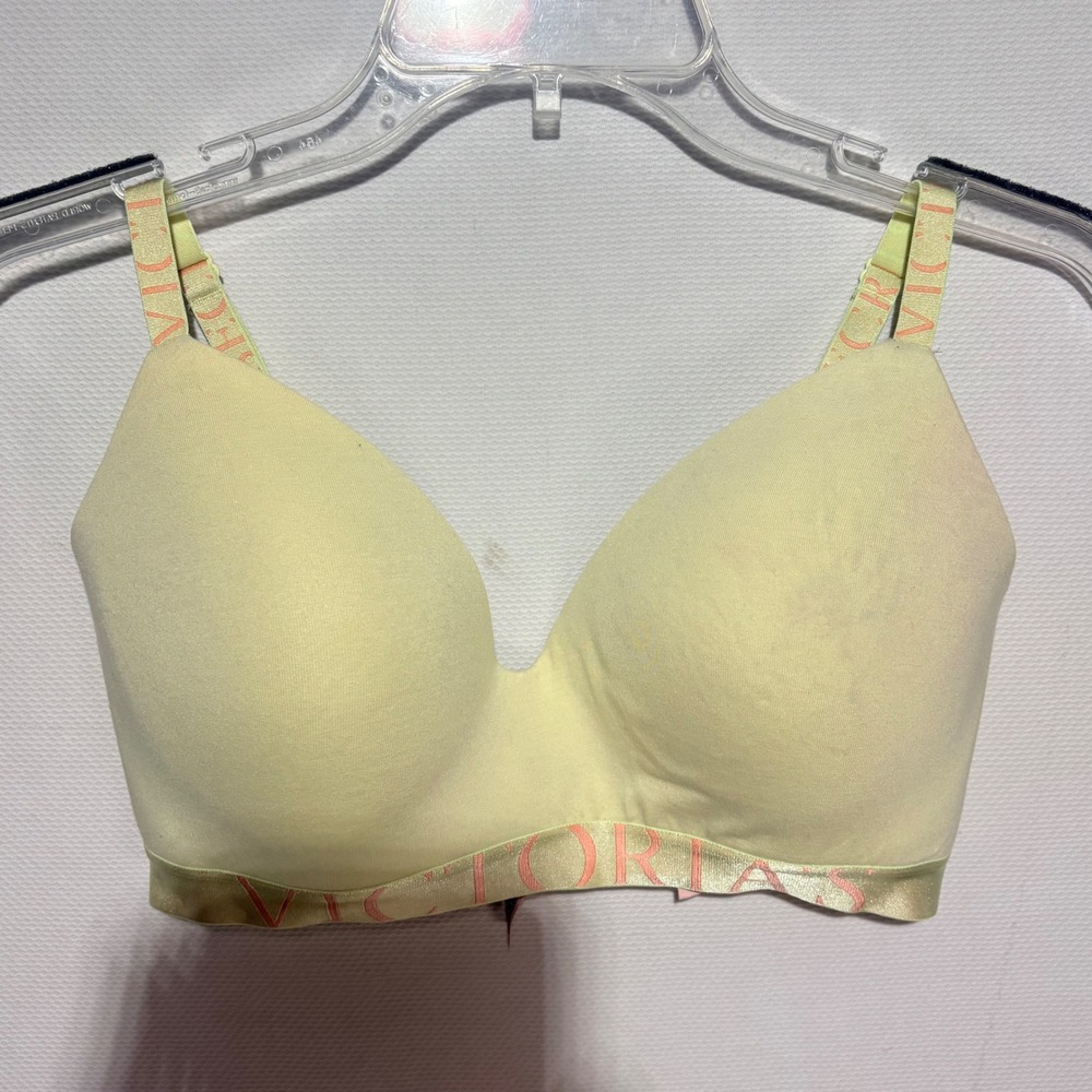 Victorias Secret T-Shirt Bra Wireless Lightly Lined Yellow Pink Logo 34DD
